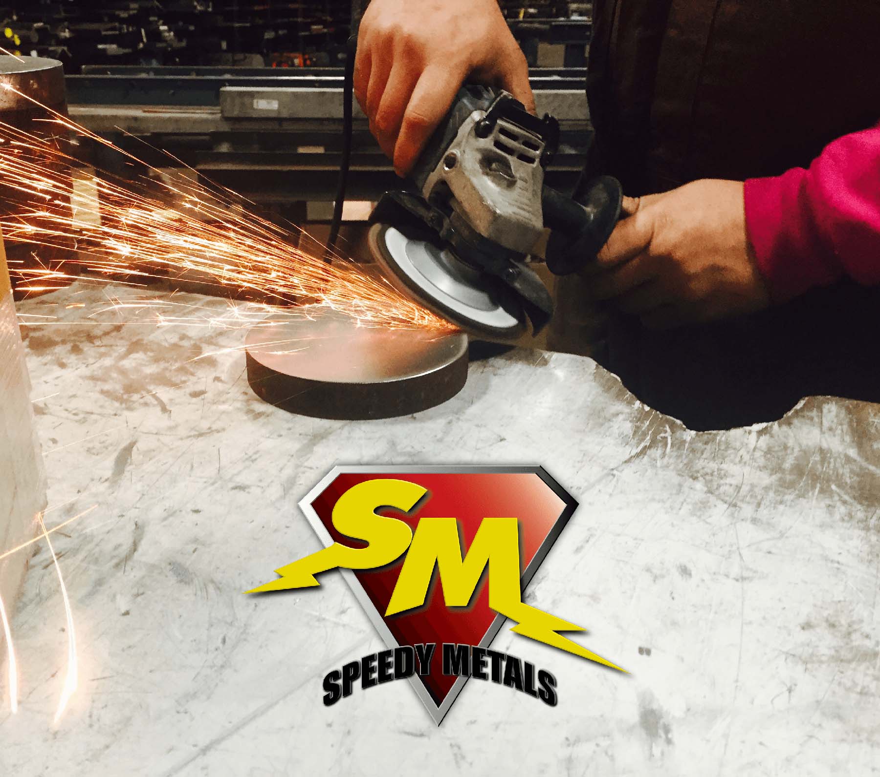 Hands holding a saw cutting a round piece of metal with sparks flying. Below is the Speedy Metals logo, a yellow capital S and capital M on a red, diamond background with the words Speedy Metals below.